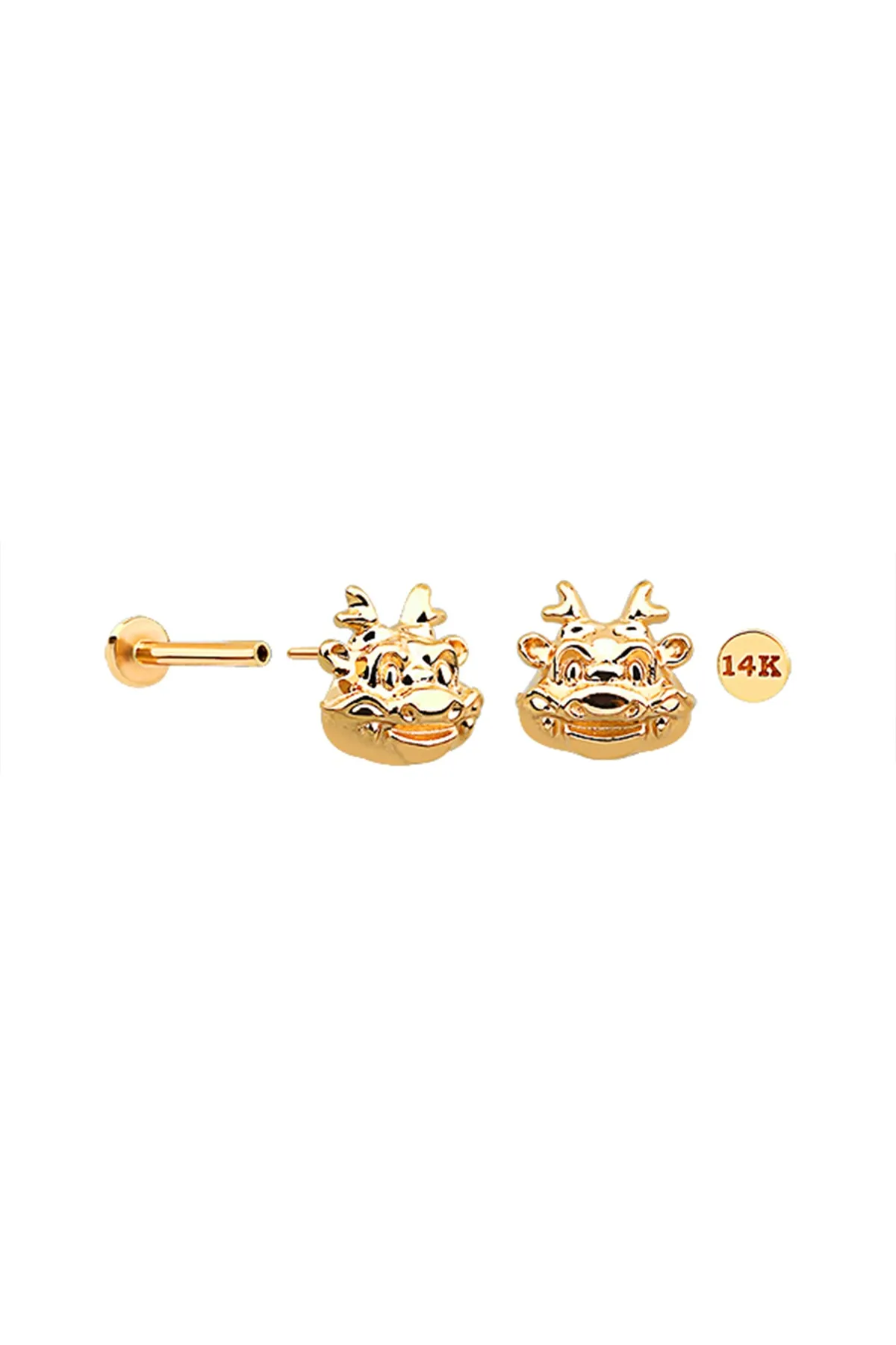 14k Solid Gold Cute Goblin Tragus Helix Cartilage Internally Threaded Flat Back Earring Labret Stud