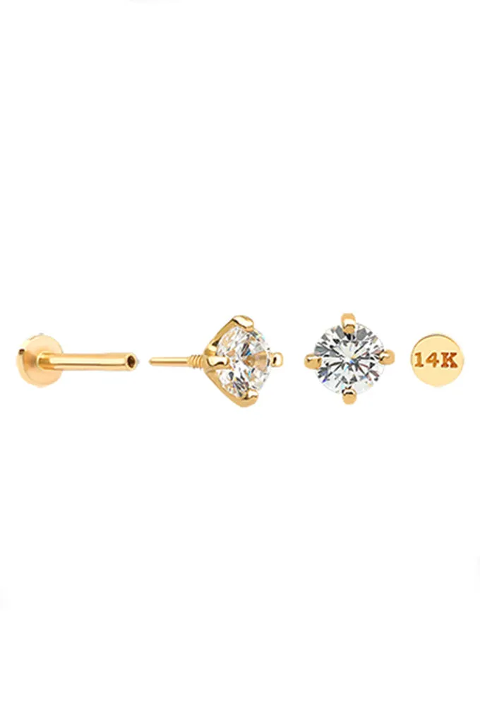 14k Solid Gold Cz 4 Prongs Helix Cartilage Internally Threaded Flat Back Earring Labret Stud