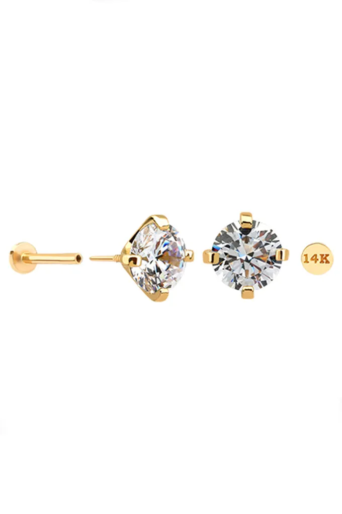 14k Solid Gold Cz 4 Prongs Helix Cartilage Internally Threaded Flat Back Earring Labret Stud