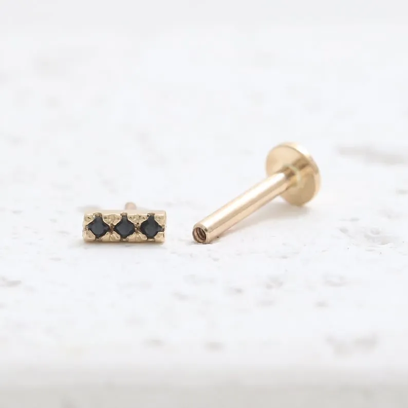 14K Solid Gold Cz Black Or Black Genuine Black Diamonds Tiny Stick Cartilage Helix Tragus Conch Prong Setting Internally Threade