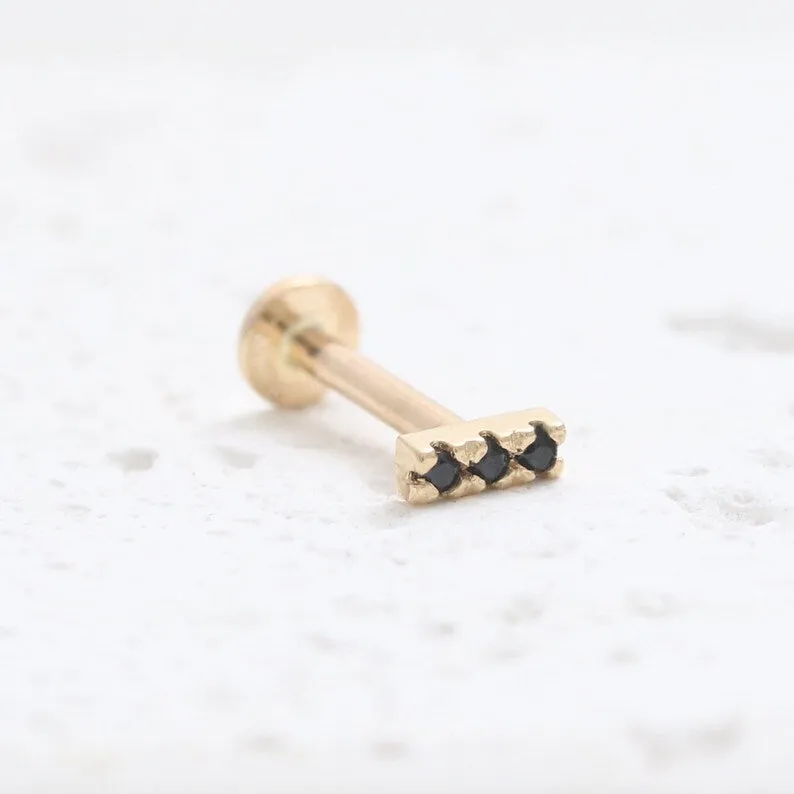 14K Solid Gold Cz Black Or Black Genuine Black Diamonds Tiny Stick Cartilage Helix Tragus Conch Prong Setting Internally Threade