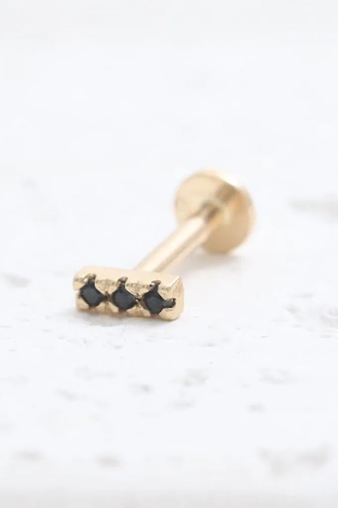 14K Solid Gold Cz Black Or Black Genuine Black Diamonds Tiny Stick Cartilage Helix Tragus Conch Prong Setting Internally Threade