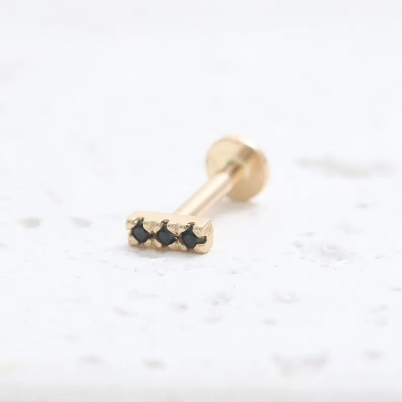 14K Solid Gold Cz Black Or Black Genuine Black Diamonds Tiny Stick Cartilage Helix Tragus Conch Prong Setting Internally Threade