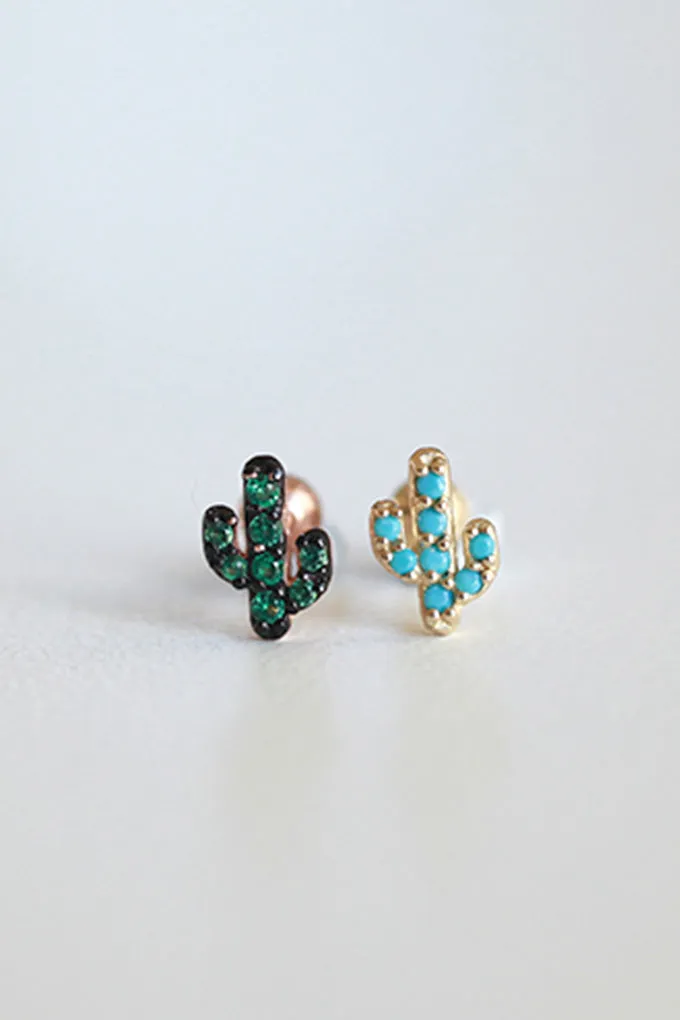 14k Solid Gold Cz Cactus Helix Cartilage Internally Threaded Flat Back Earring Labret Stud