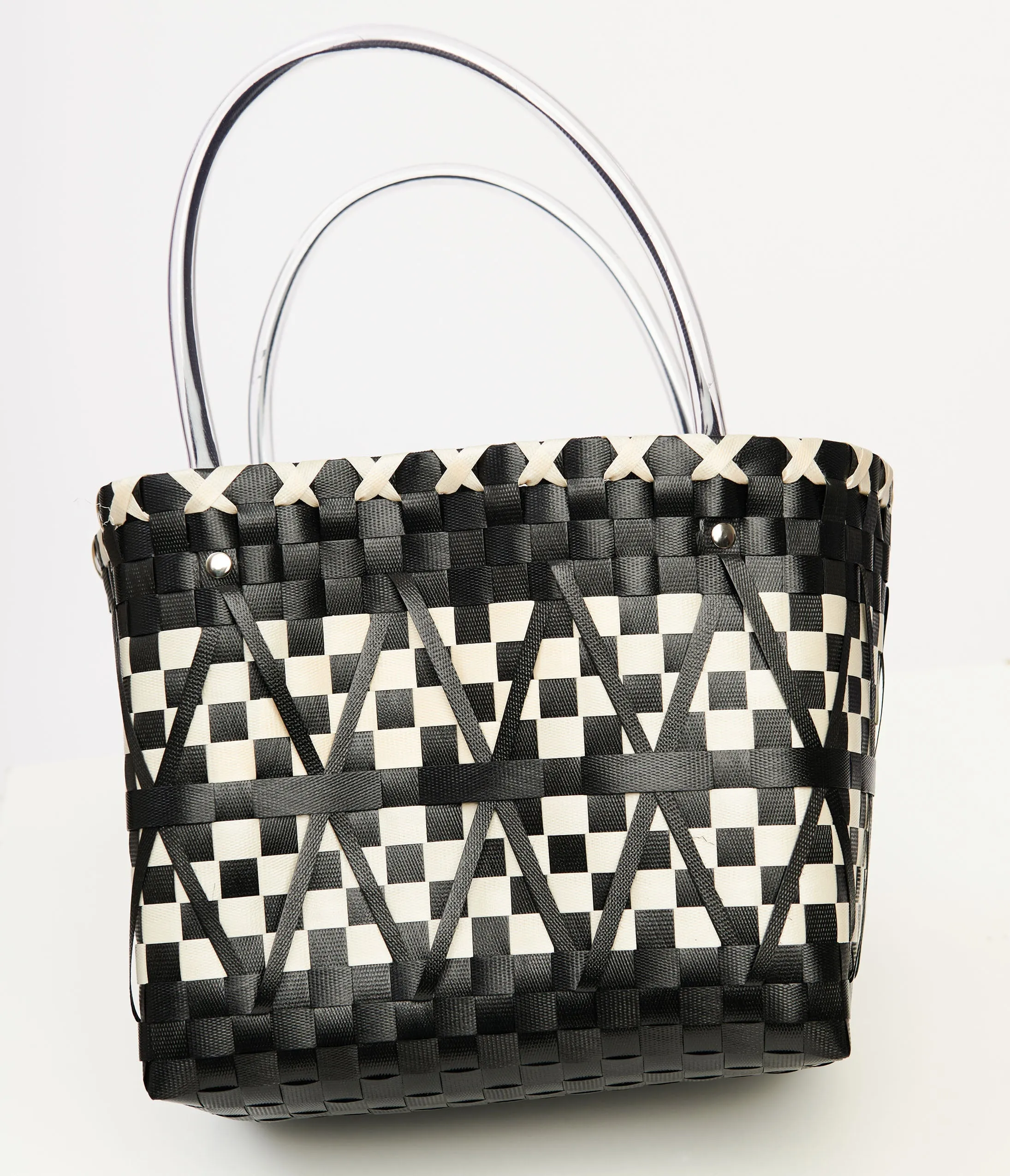 Vintage 1970s Monochrome Woven Zigzag Basket Purse