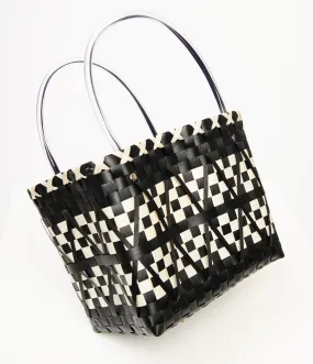 Vintage 1970s Monochrome Woven Zigzag Basket Purse