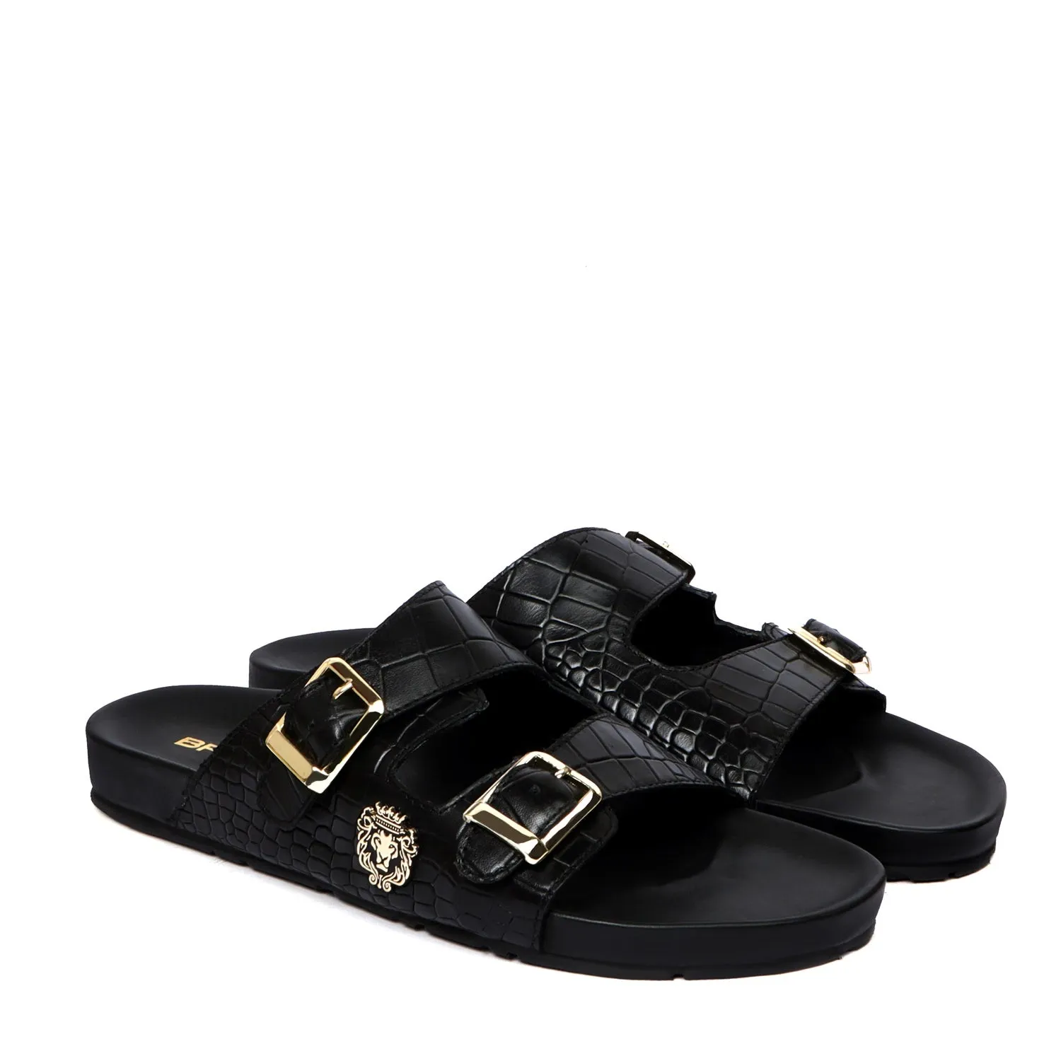 Adjustable Buckle Slide-in Slippers in Black Croco Textured Leather