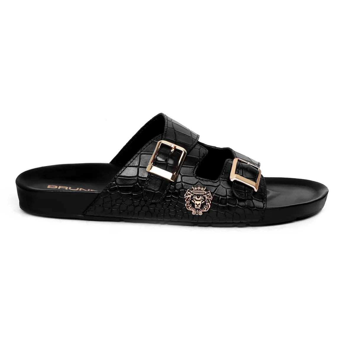 Adjustable Buckle Slide-in Slippers in Black Croco Textured Leather