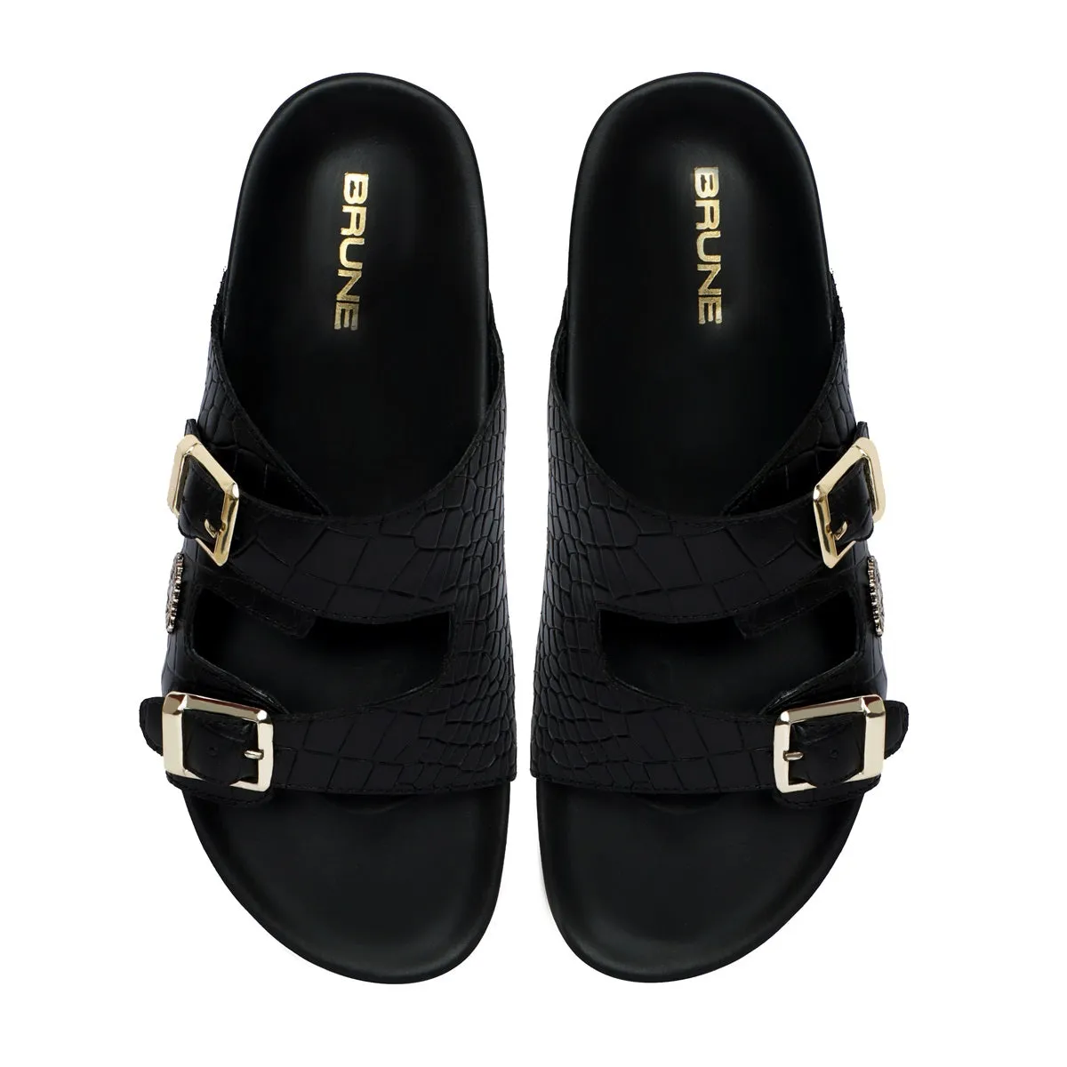 Adjustable Buckle Slide-in Slippers in Black Croco Textured Leather