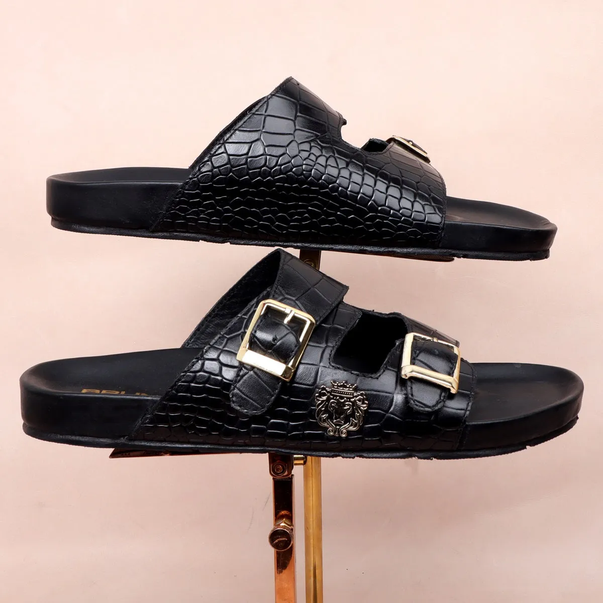 Adjustable Buckle Slide-in Slippers in Black Croco Textured Leather