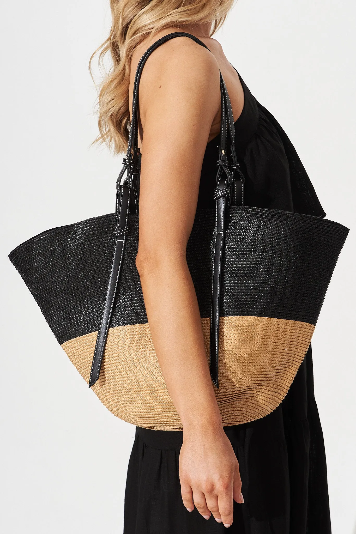 August + Delilah Franchia Tote Bag In Brow And Black Straw