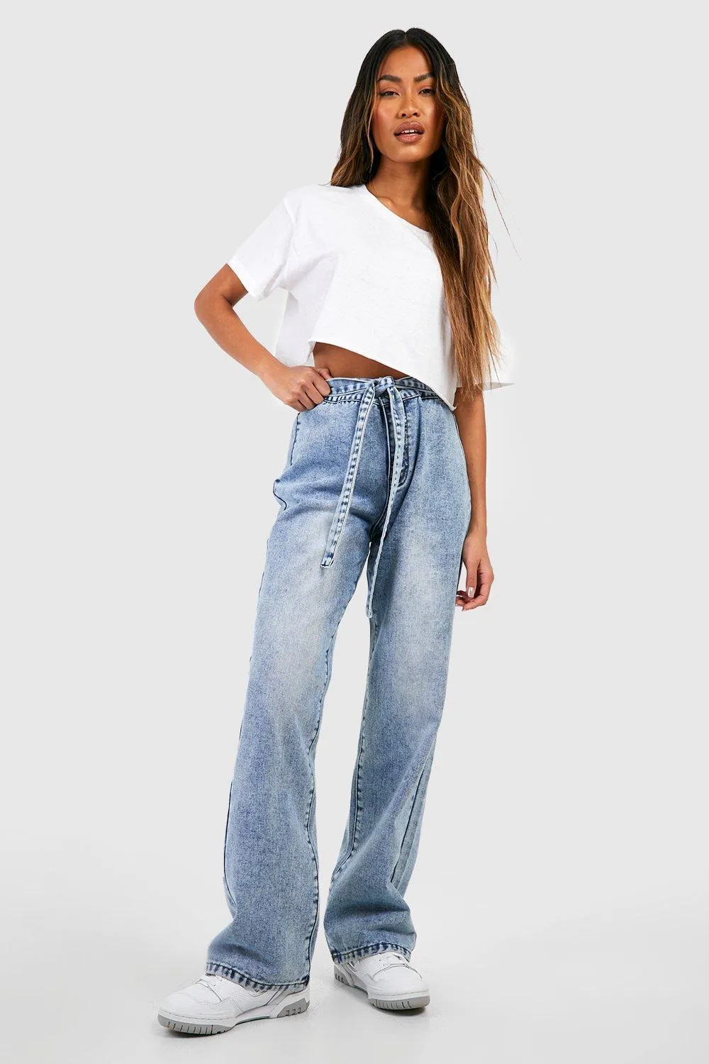 Belted Tie Front Wide Leg Jeans