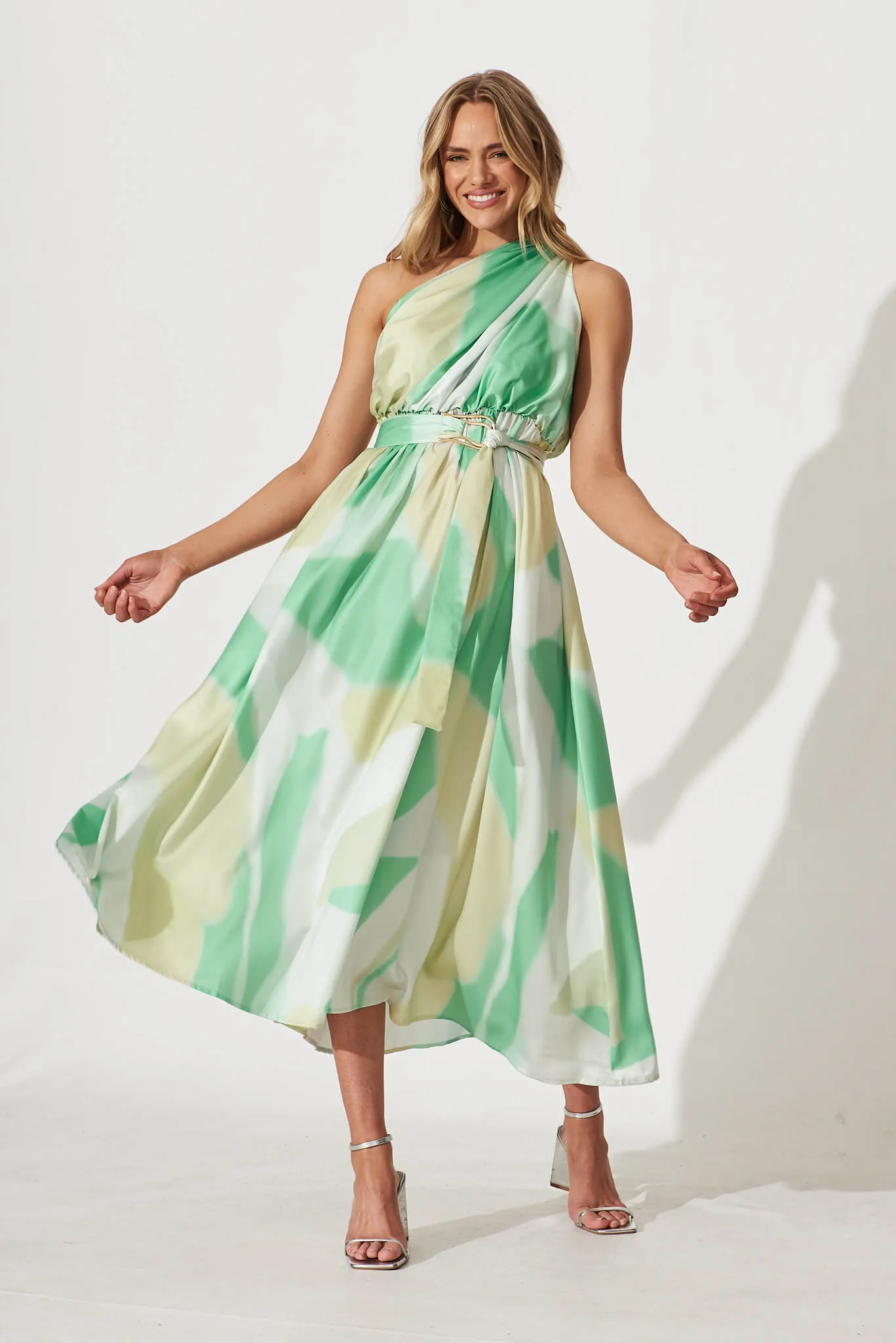 Bernadette One Shoulder Midi Dress In Green Swirl Print