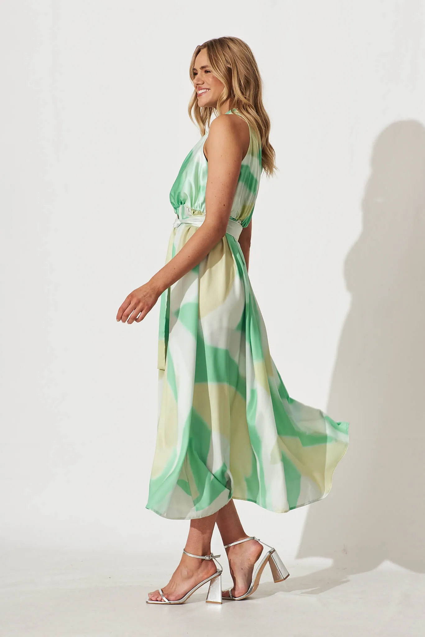 Bernadette One Shoulder Midi Dress In Green Swirl Print