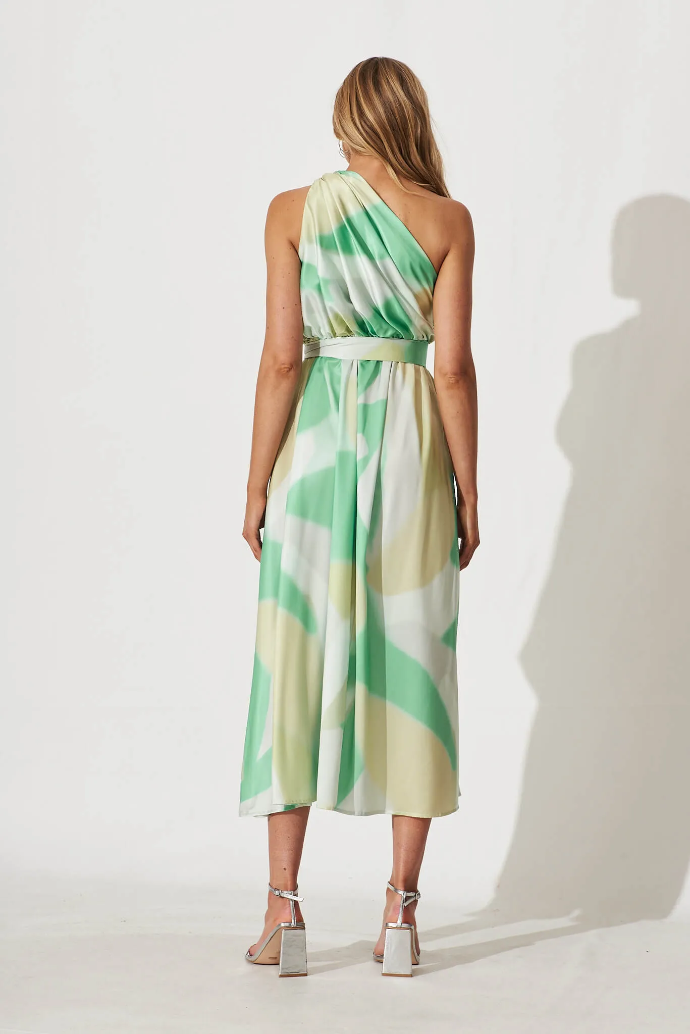 Bernadette One Shoulder Midi Dress In Green Swirl Print