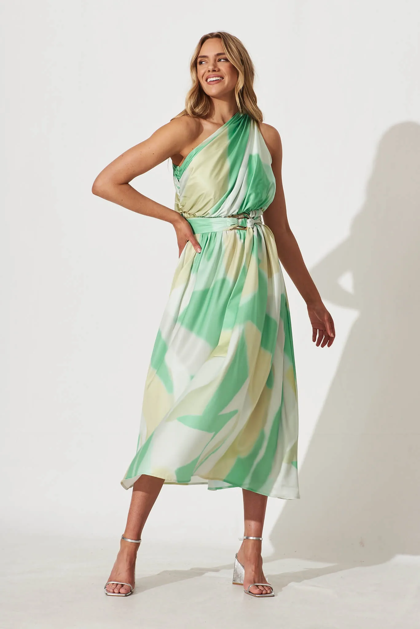 Bernadette One Shoulder Midi Dress In Green Swirl Print