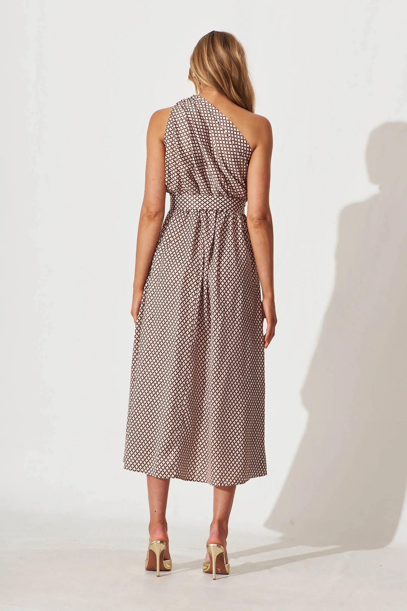 Bernadette One Shoulder Midi Dress In Mocha Geometric Print