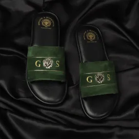 Bespoke Green Suede Leather Customized Slide-In-Slippers With Signature Metal Lion and Name Initial embroidery by BRUNE BY BARES