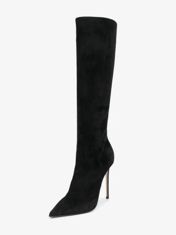 Women's Black Suede Pointed Toe High Heel Boots