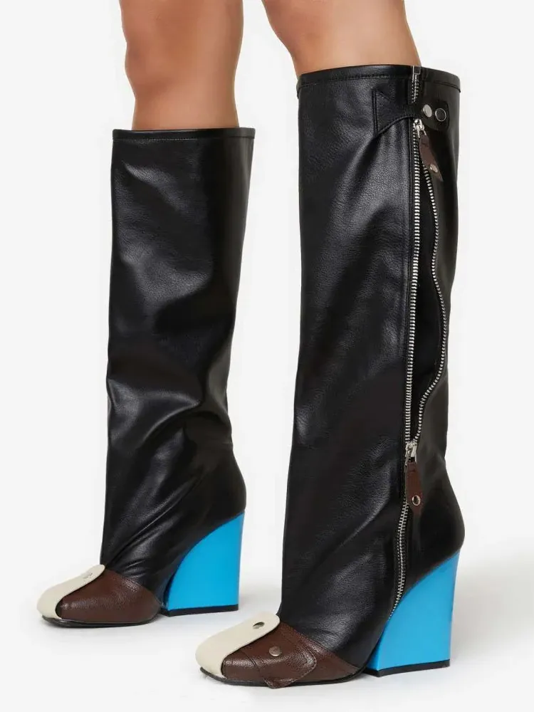 Black Knee High Boots Zip Up Wedge Heel