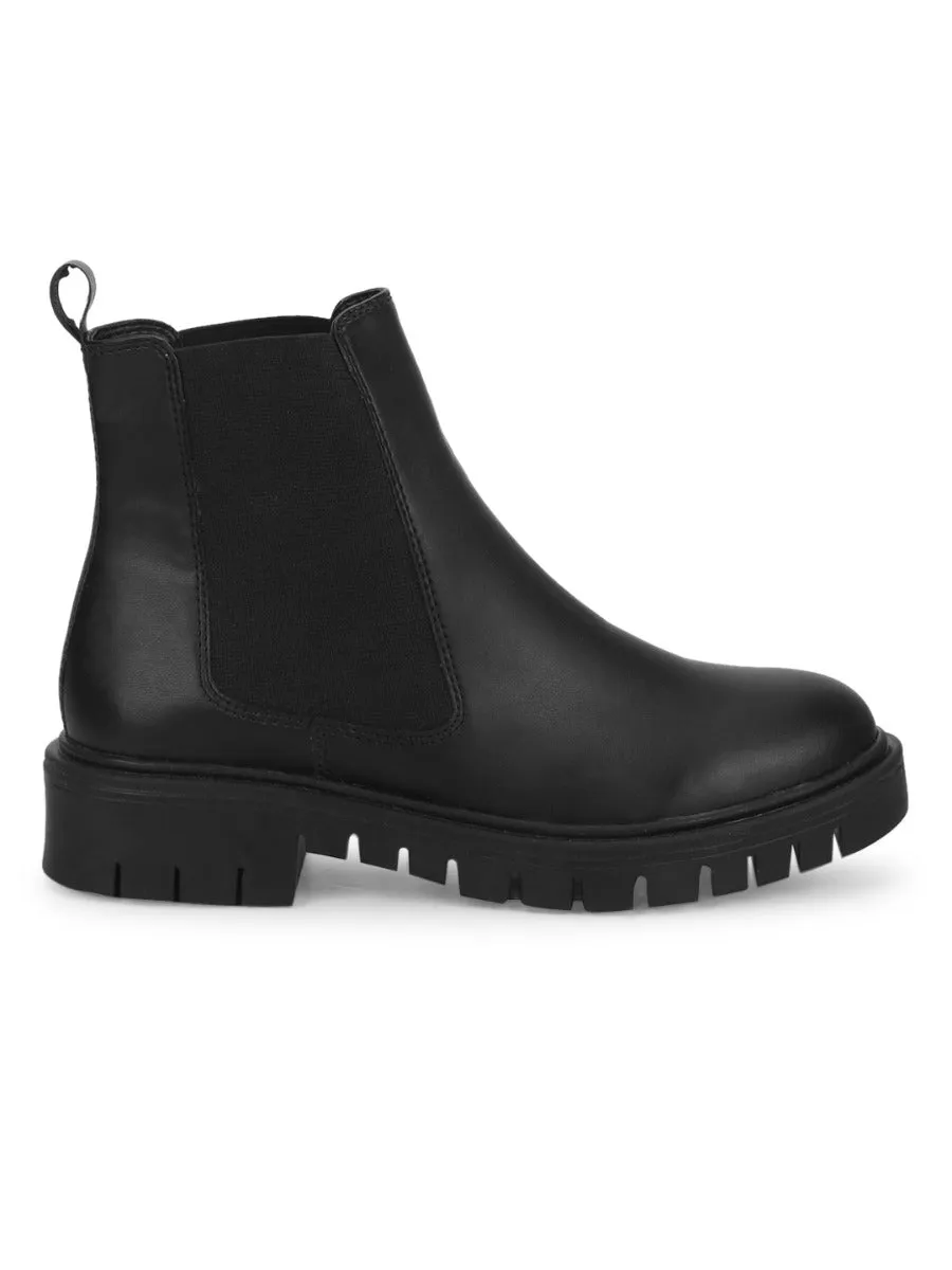 Black PU Cleated Bottom Ankle Boots