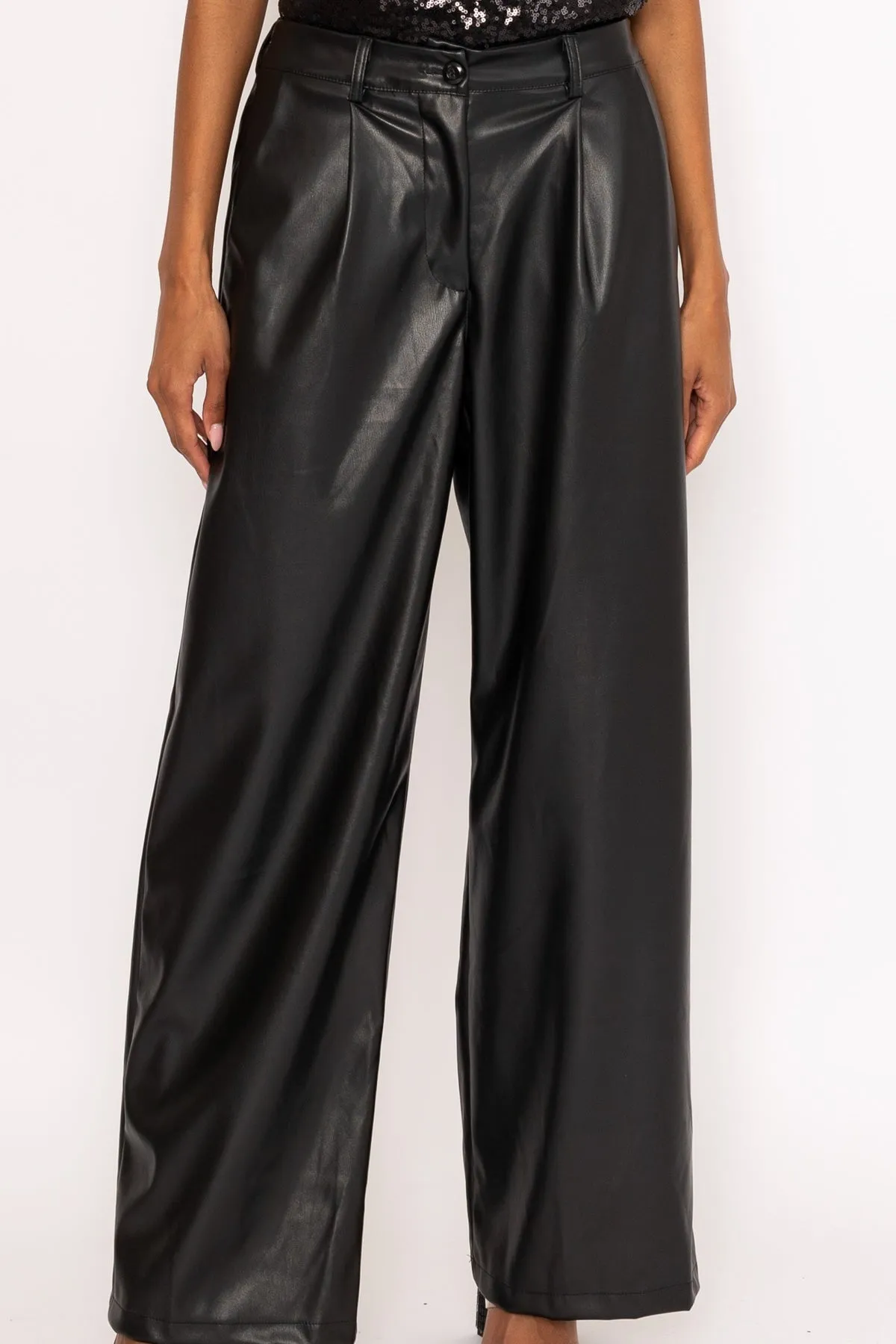 Black PU Faux Leather Wide Leg Trousers