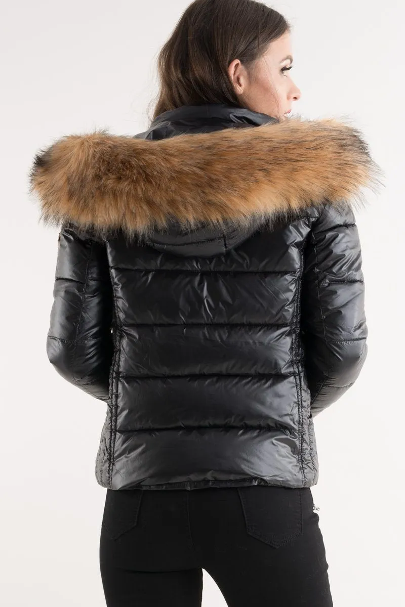 Black Shiny Fur Hood Puffa Jacket