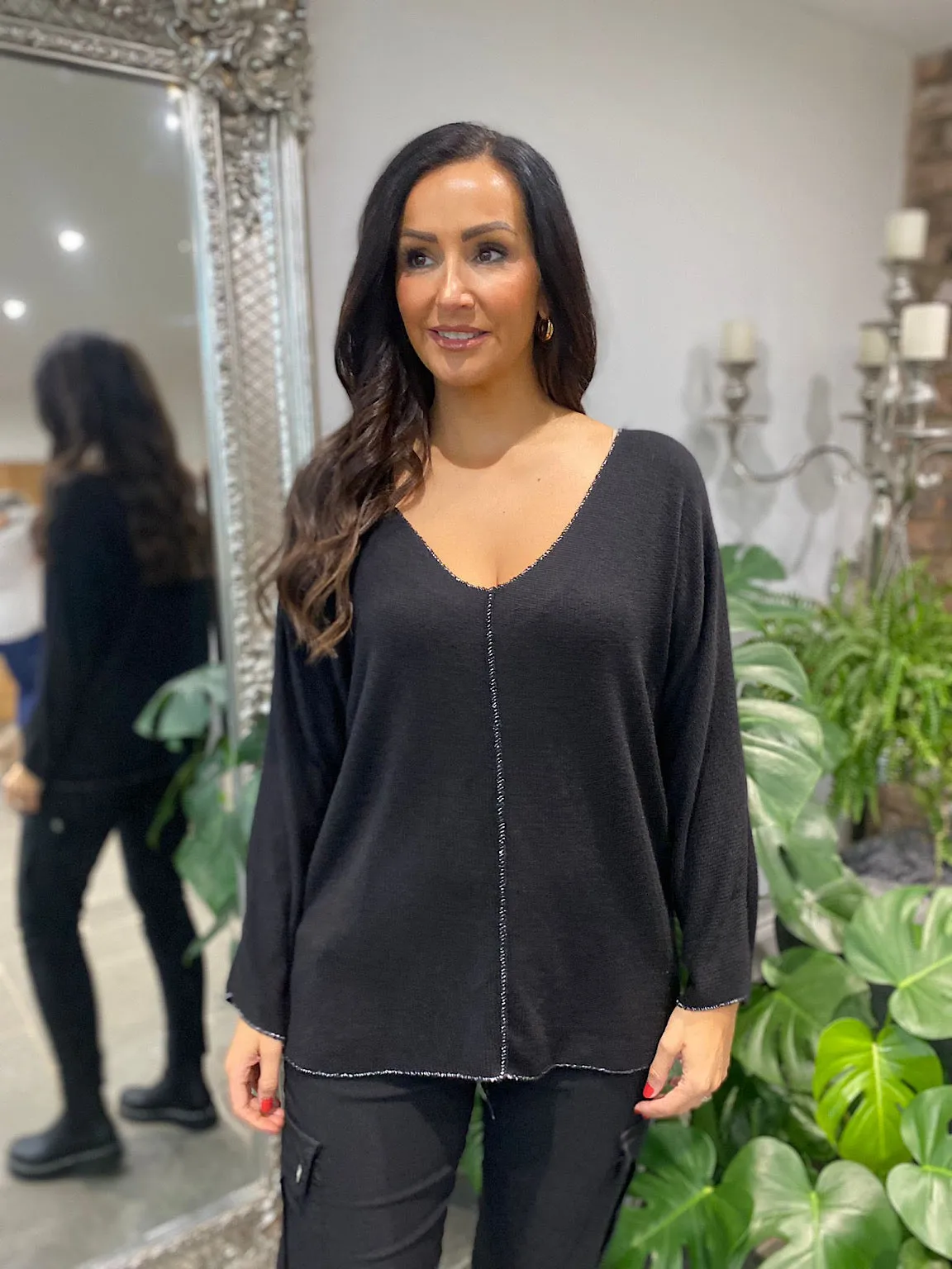 Shimmer Knit Black V Neck Selina