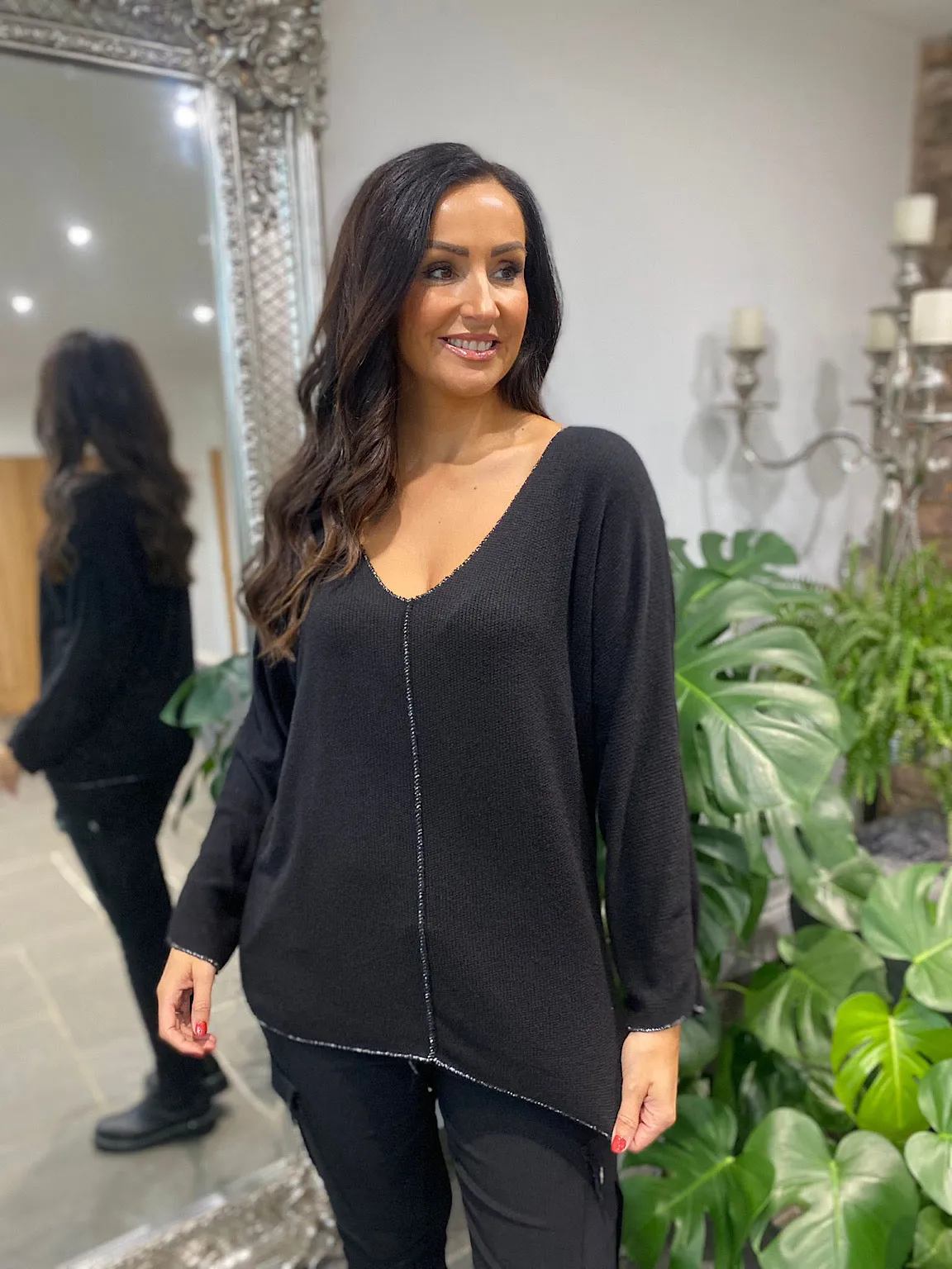 Shimmer Knit Black V Neck Selina