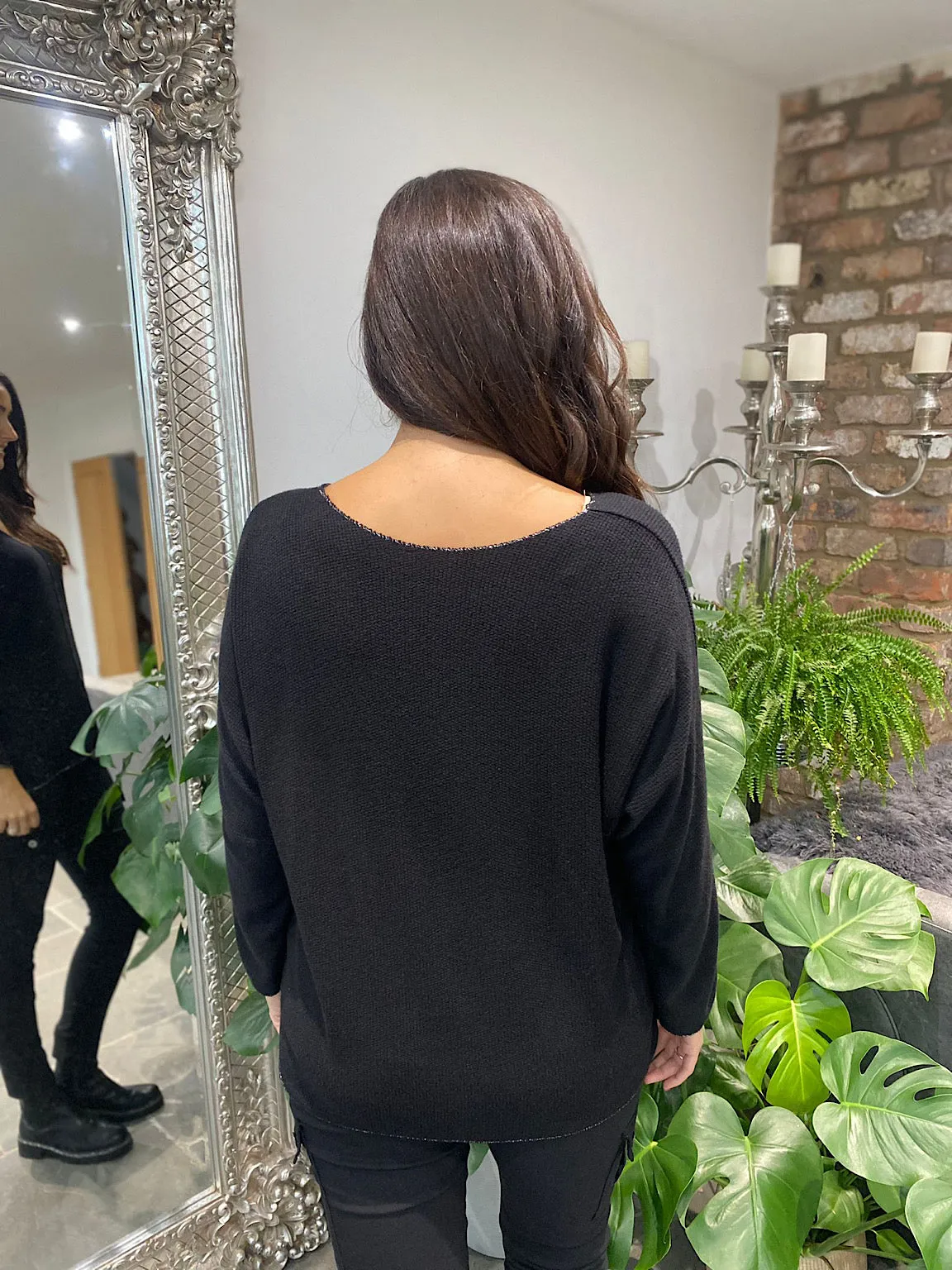 Shimmer Knit Black V Neck Selina