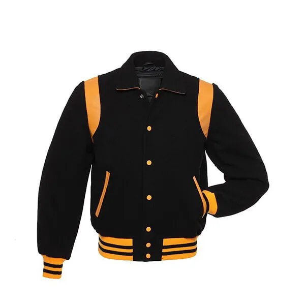 Black Wool Varsity Jacket With yellow Shoulder Inserts