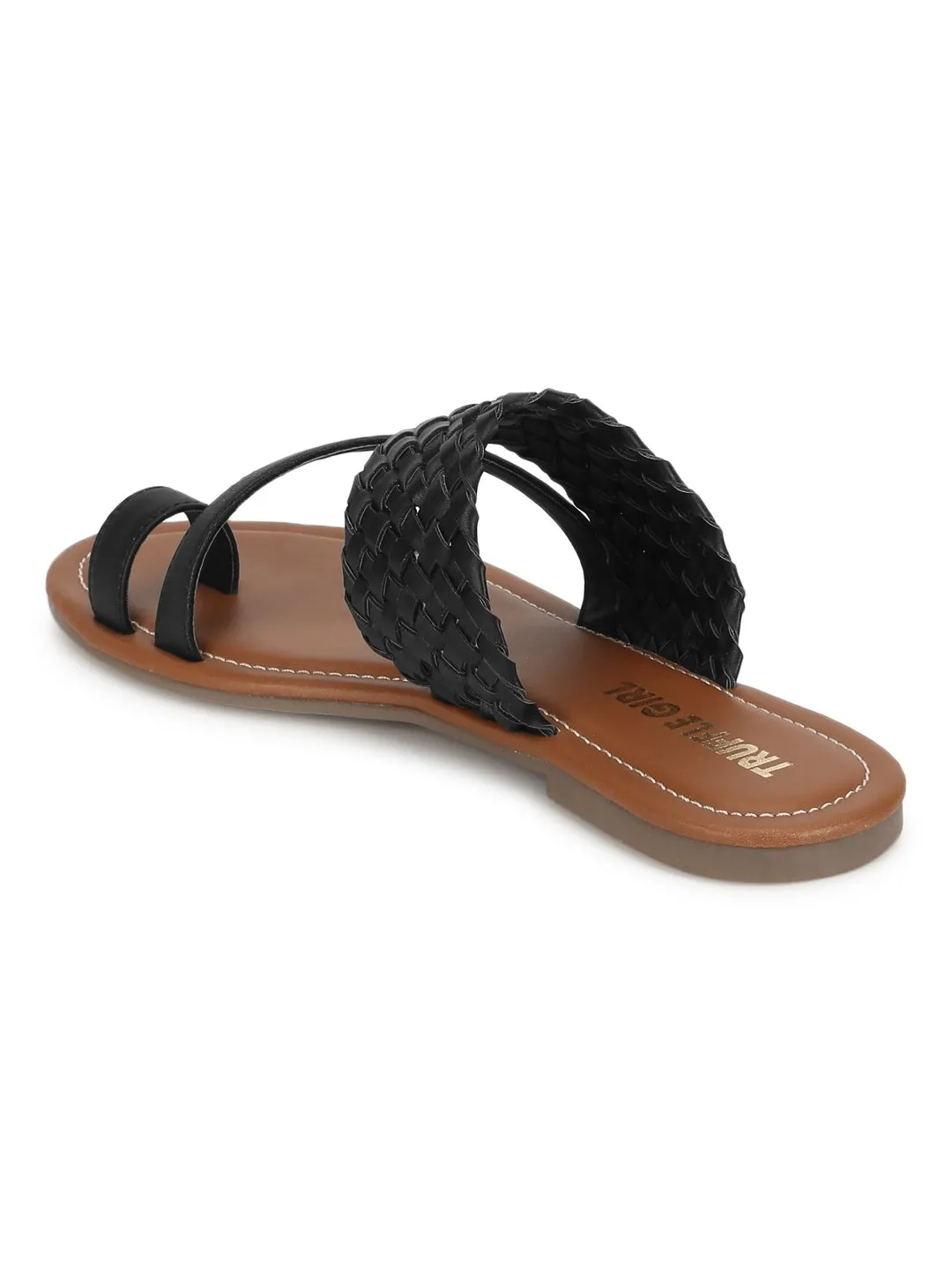 Black Woven PU Flat Slip On Sandals