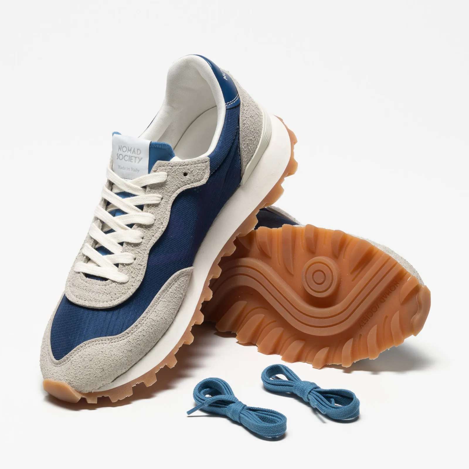 Blue and sand eco-leather sneakers.