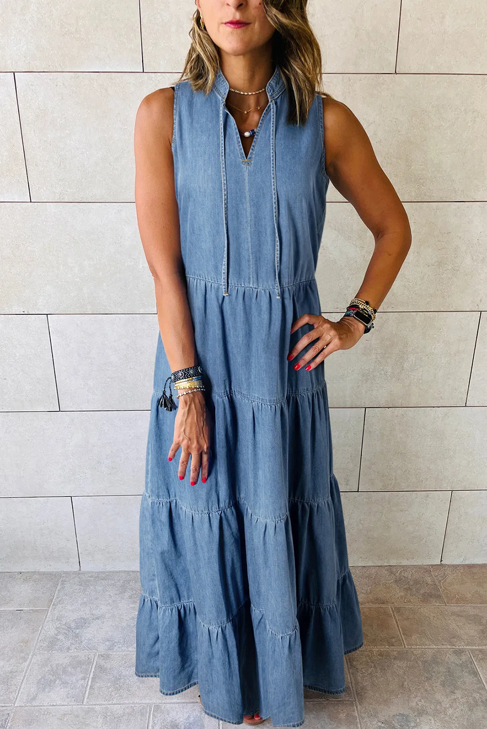 Tiered Chambray Maxi Dress in Blue Color without Sleeves