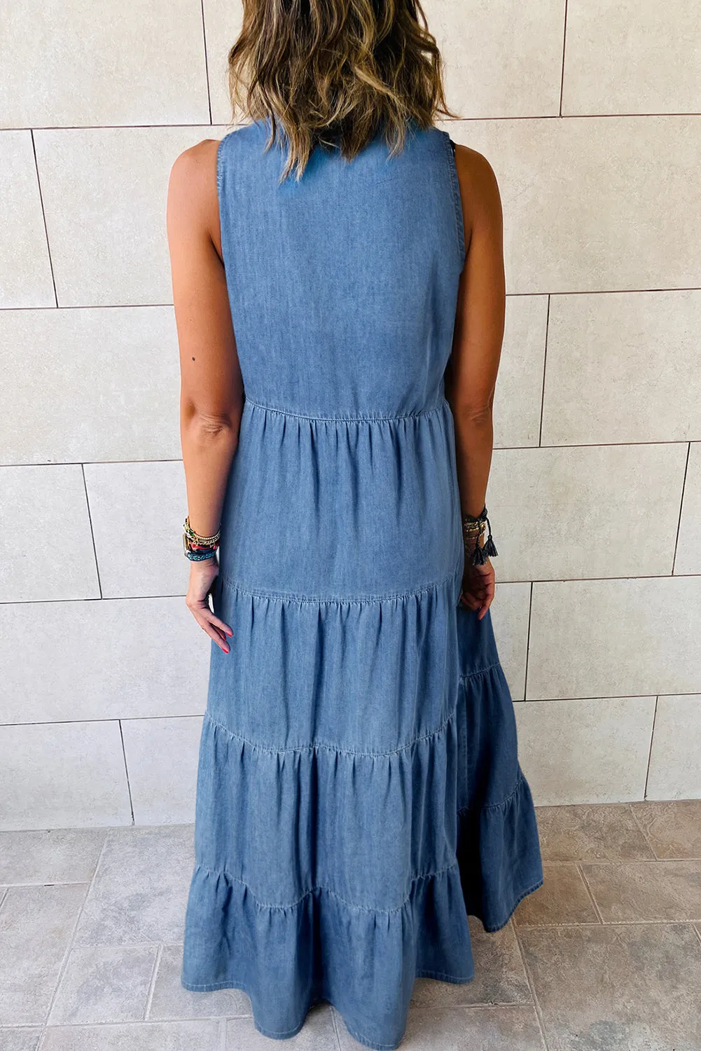 Tiered Chambray Maxi Dress in Blue Color without Sleeves