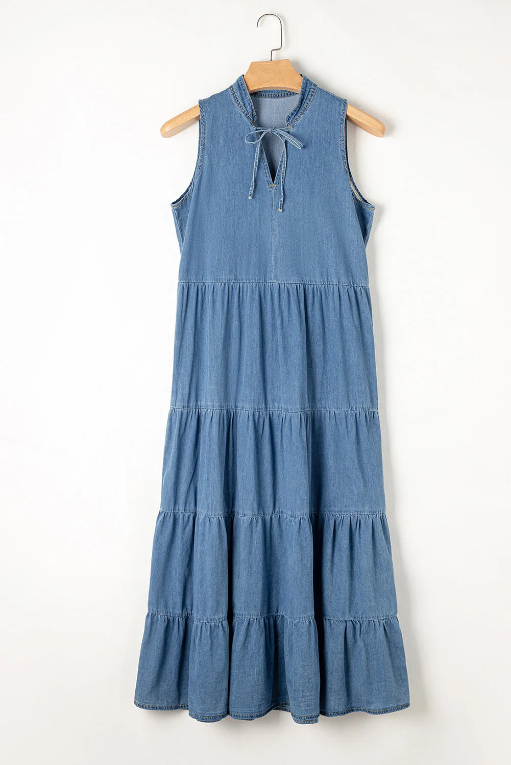 Tiered Chambray Maxi Dress in Blue Color without Sleeves