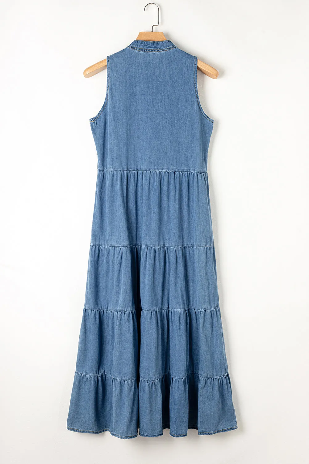 Tiered Chambray Maxi Dress in Blue Color without Sleeves