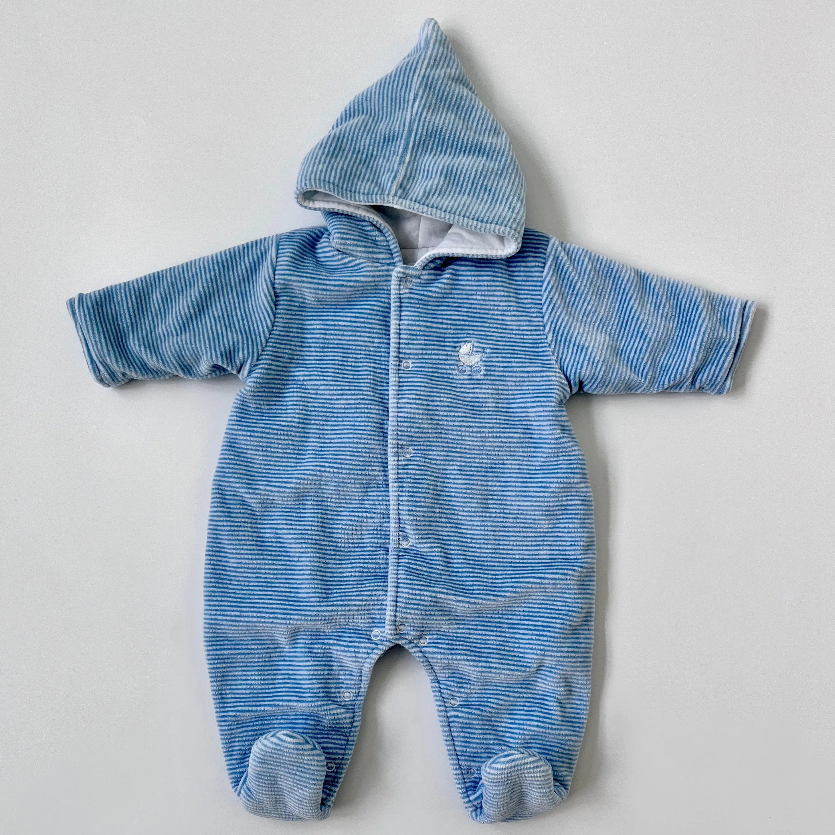 Blue Stripe Velour Pramsuit for Newborn Baby - Size 0-3 Months