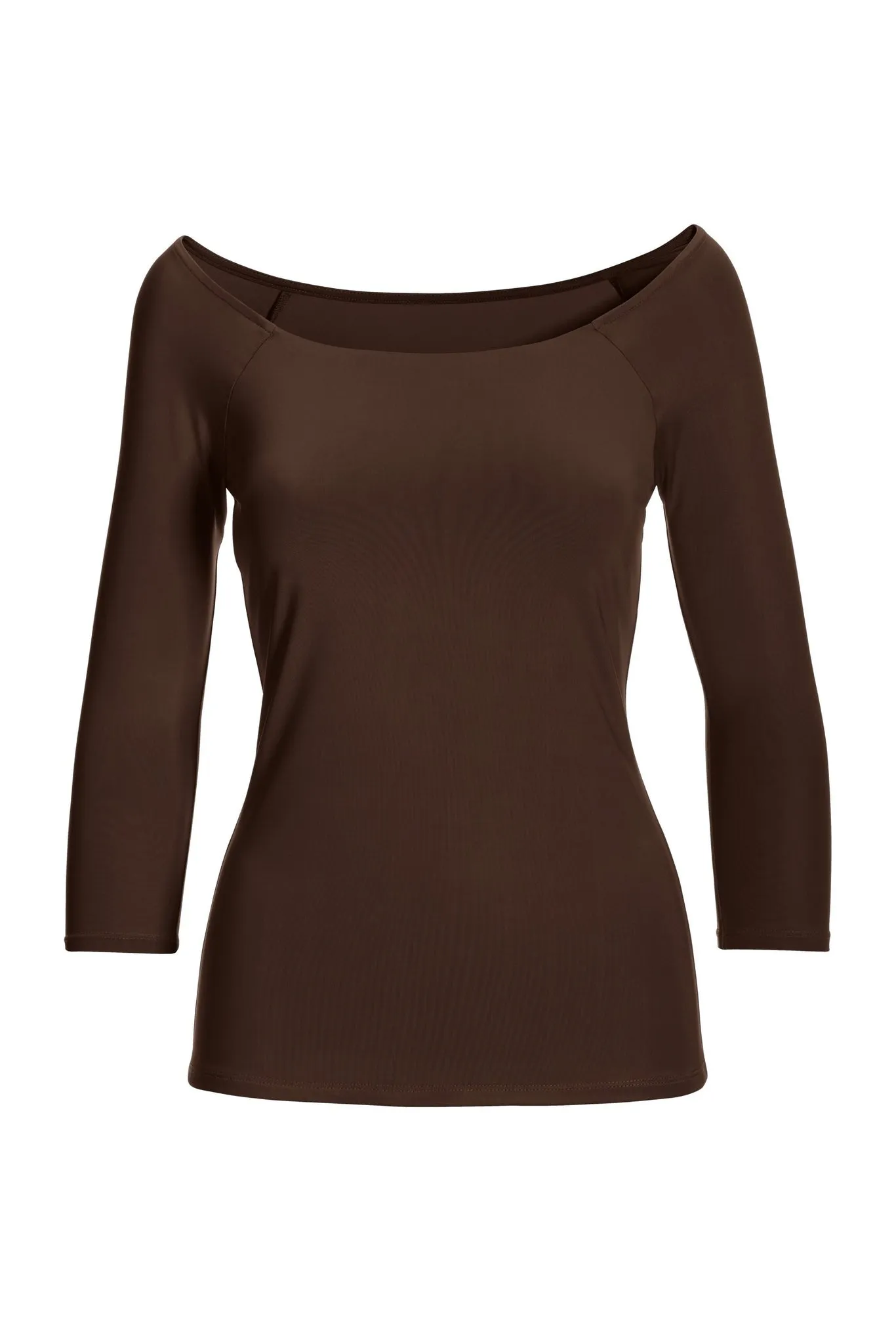 Coffee Brown Boat Neck 3/4 Sleeve Top - Sculpting Effect