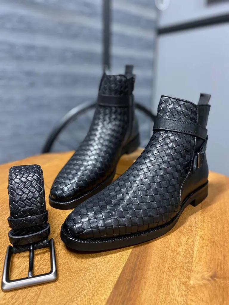 Bojoni Clifton Black Woven Leather Buckle Chelsea Boots