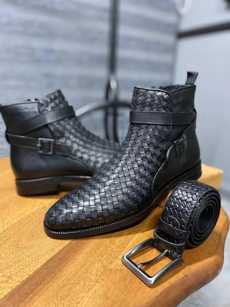 Bojoni Clifton Black Woven Leather Buckle Chelsea Boots