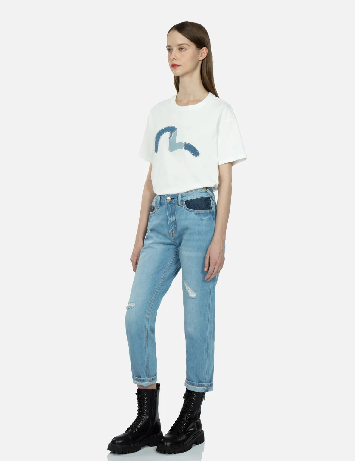 Brand Motto Print Fabric-blocking Boyfriend Jeans