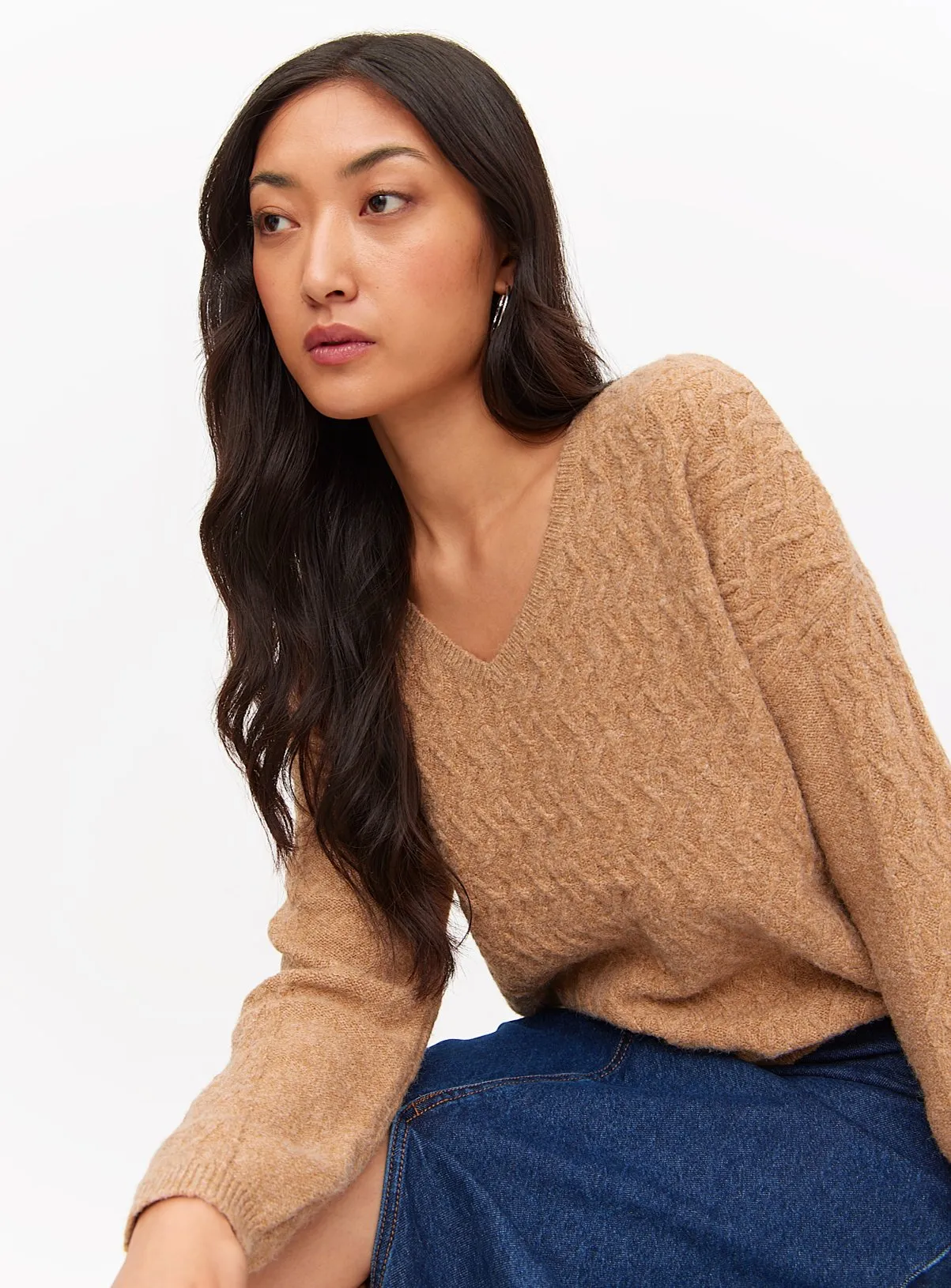 Oatmeal Cable Knitted Jumper with Relaxed V Neck in Size 22