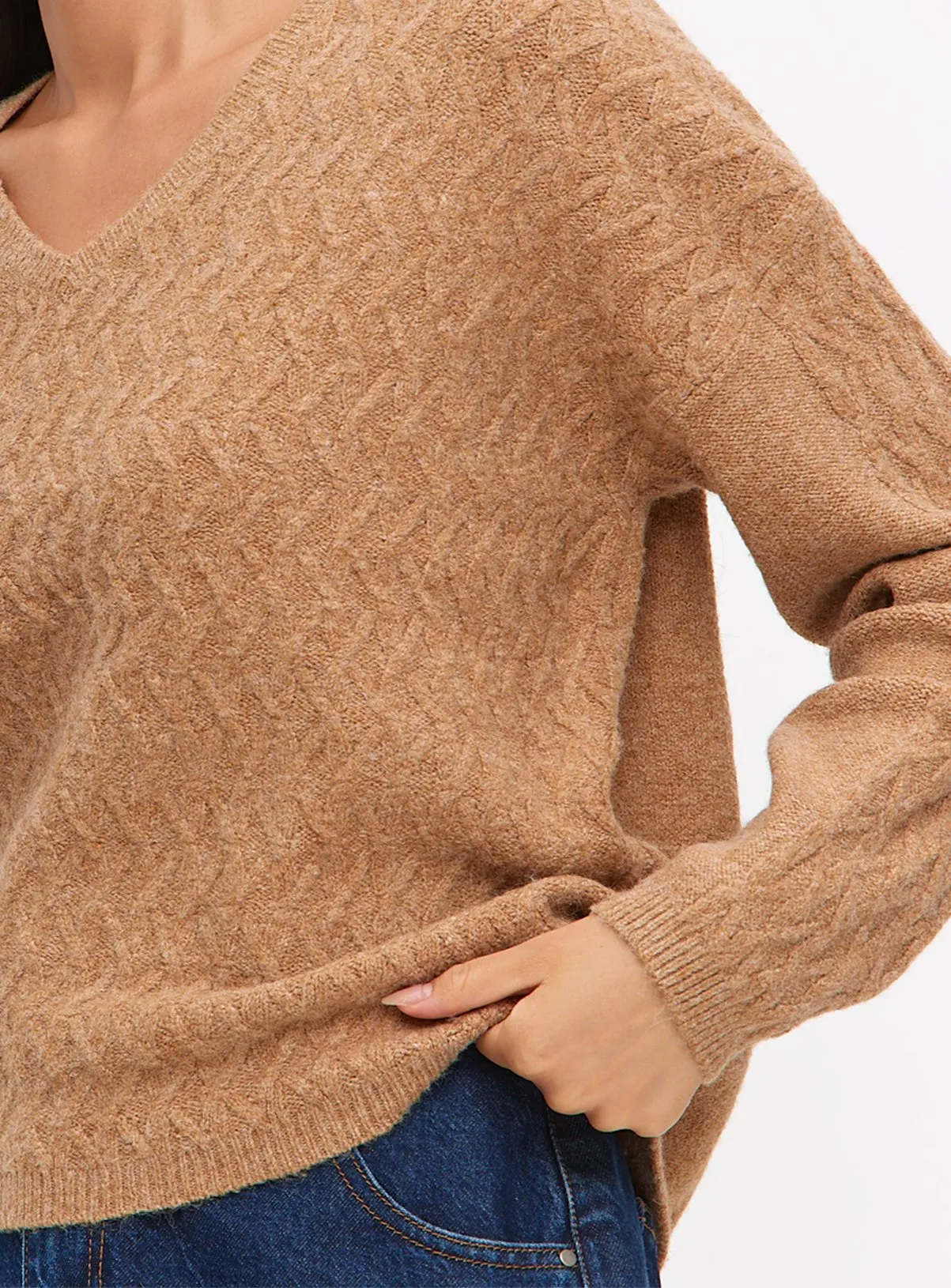 Oatmeal Cable Knitted Jumper with Relaxed V Neck in Size 22