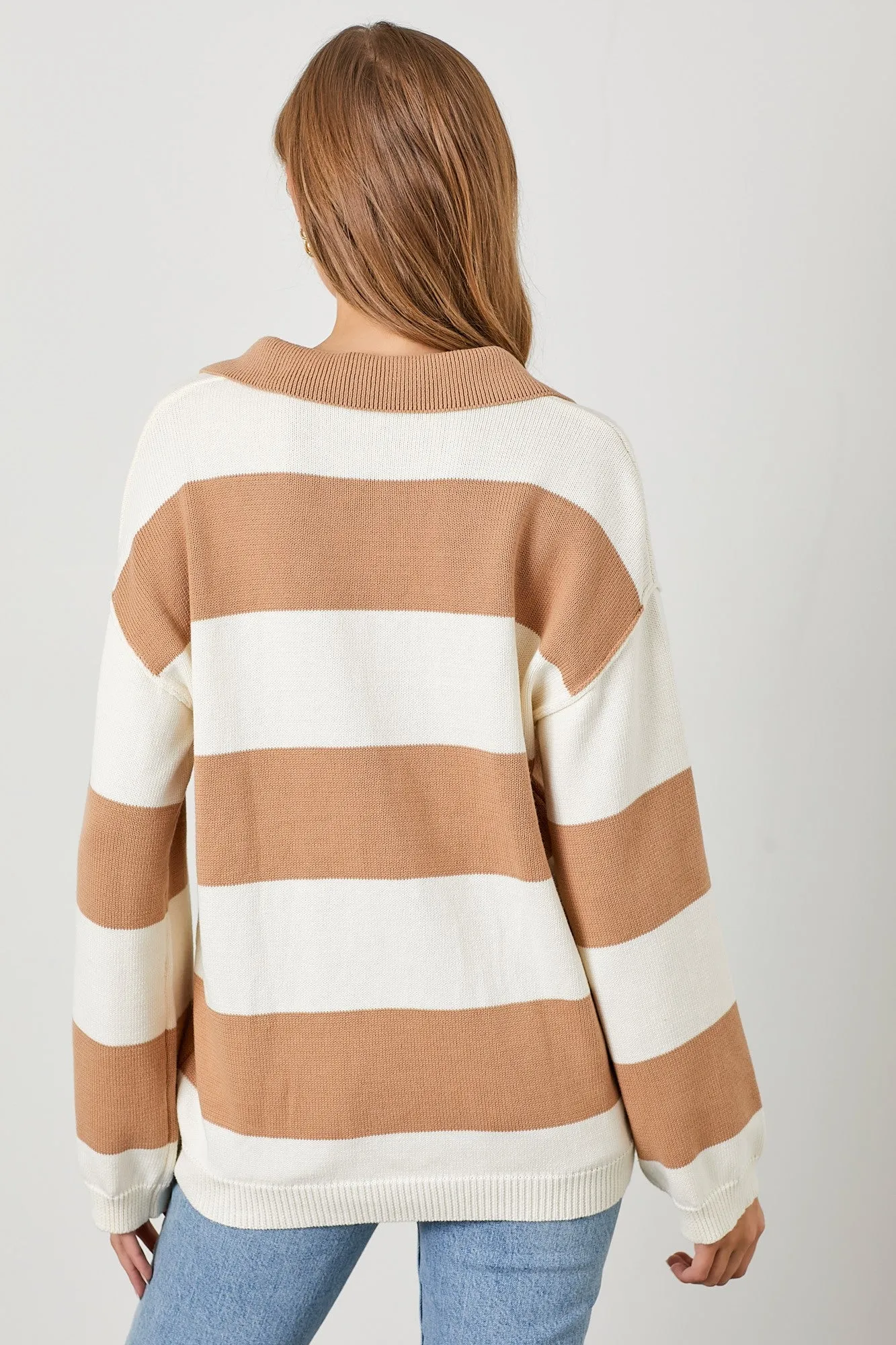 Camel Wide Stripe Polo Sweater