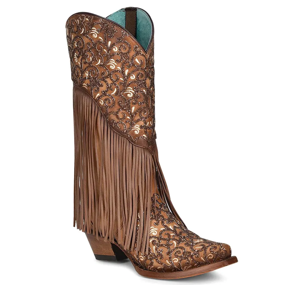 Caracas Fringe and Tooled-Inlay Snip Toe Cowboy Boots