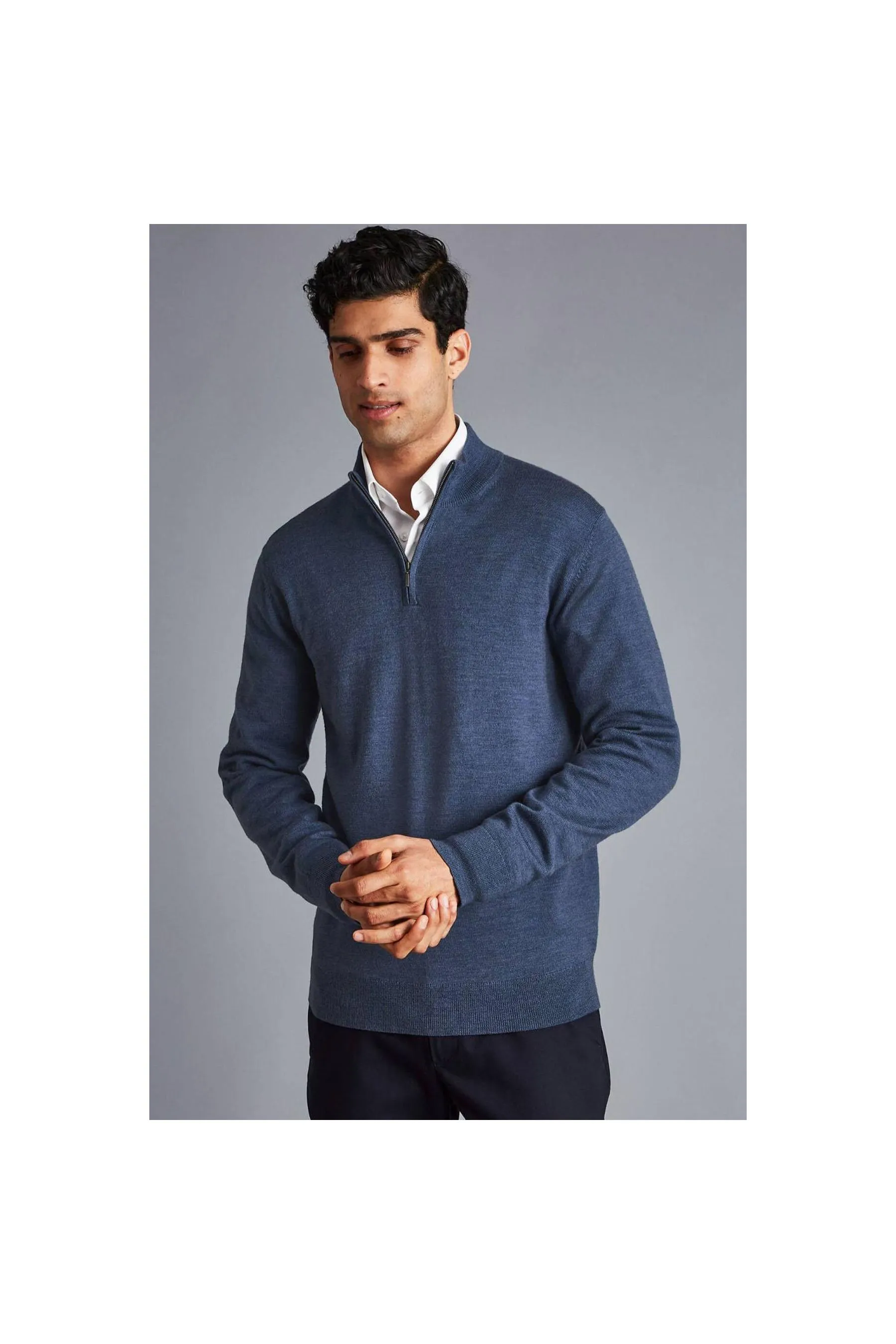 Indigo Blue Melange Pure Merino Zip Neck Jumper for Men by CHARLES TYRWHITT