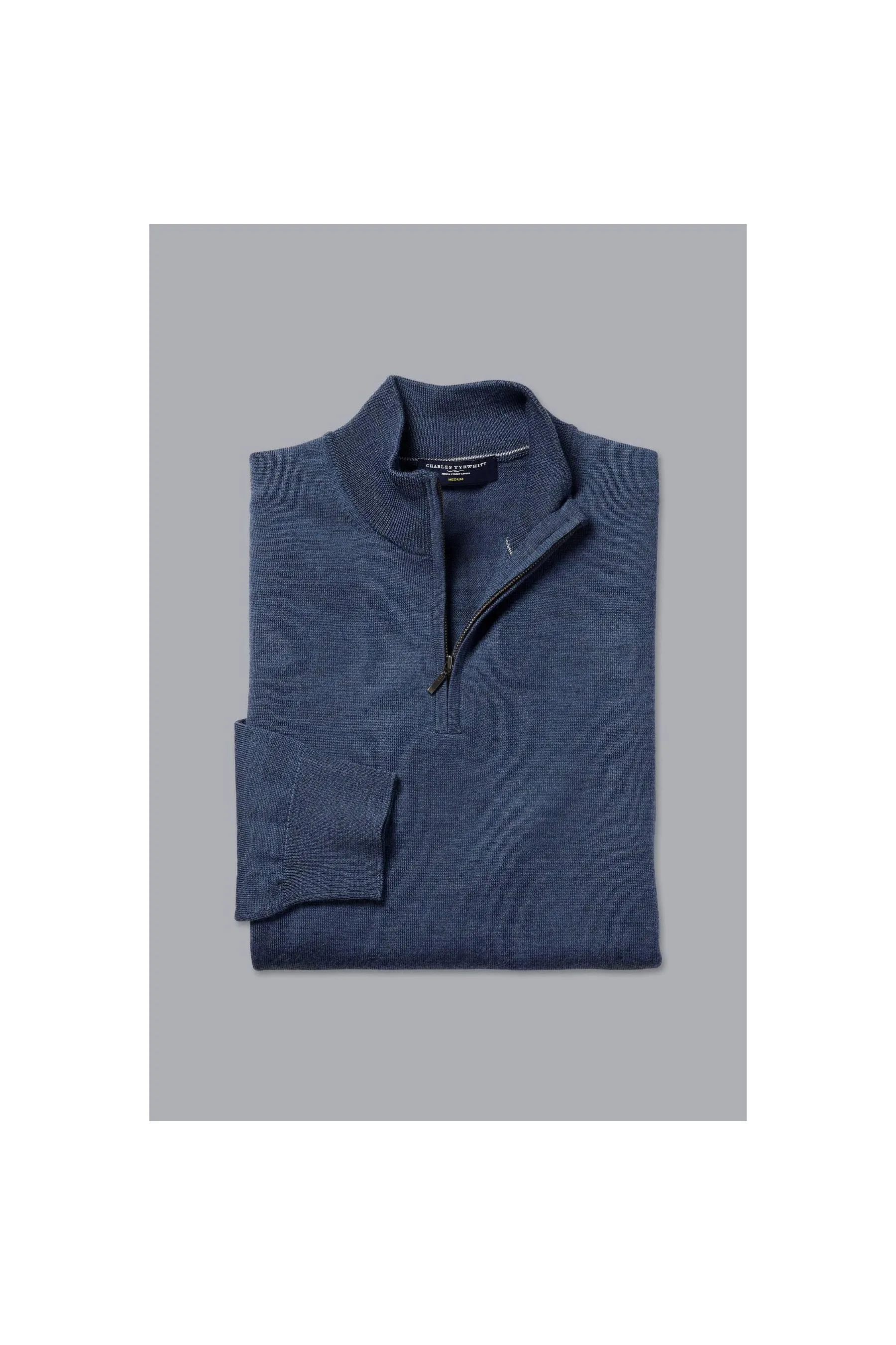 Indigo Blue Melange Pure Merino Zip Neck Jumper for Men by CHARLES TYRWHITT