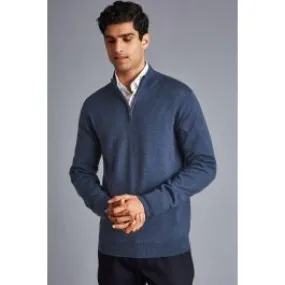 Indigo Blue Melange Pure Merino Zip Neck Jumper for Men by CHARLES TYRWHITT