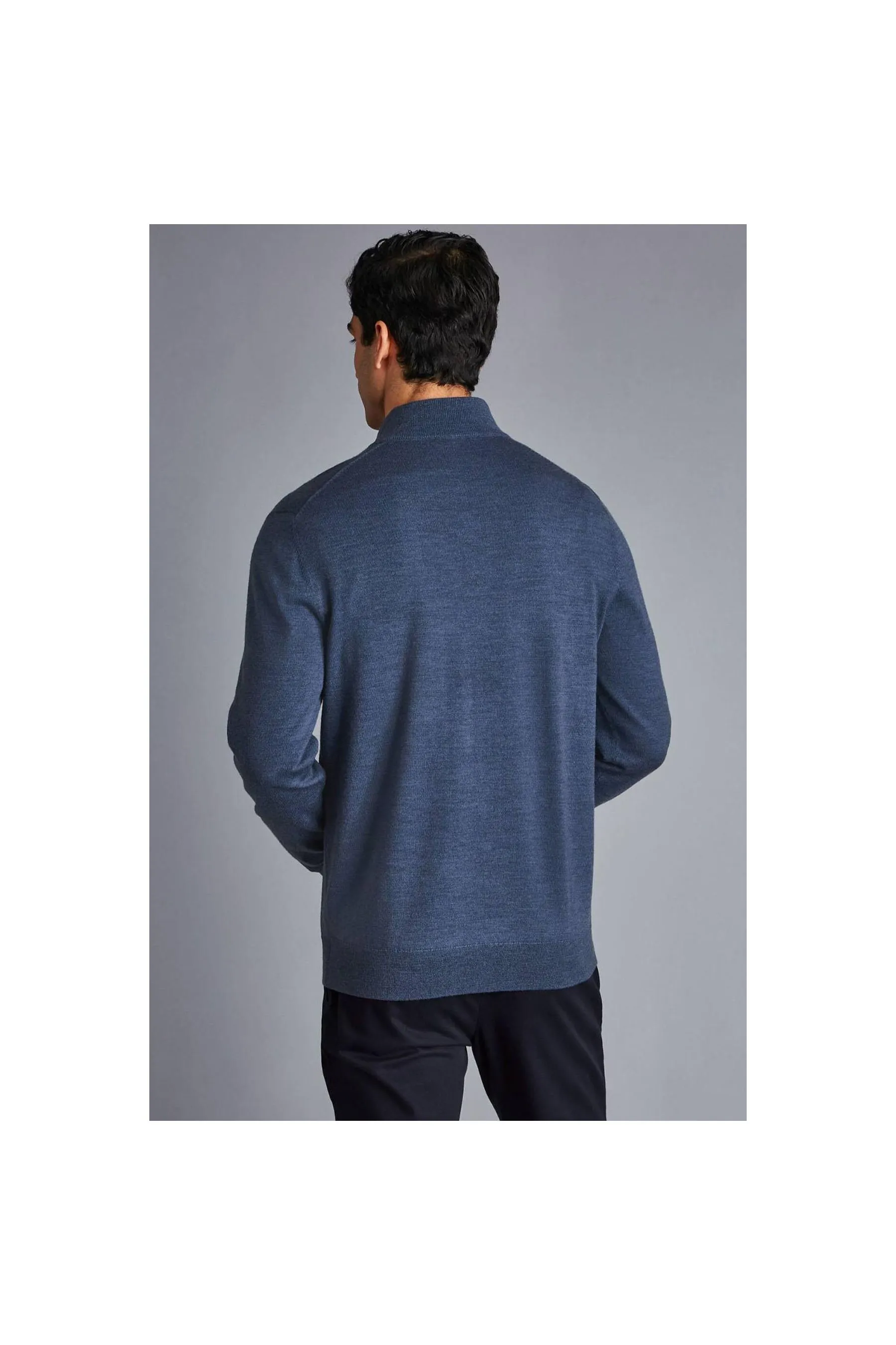 Indigo Blue Melange Pure Merino Zip Neck Jumper for Men by CHARLES TYRWHITT